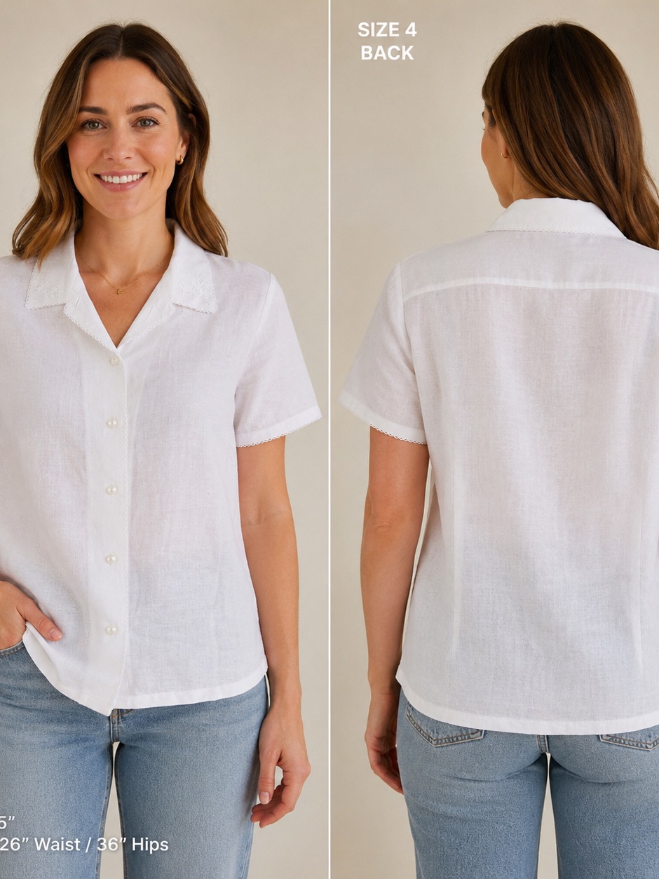Talbots White Petite Irish Linen Blouse Sz 4p. Sku#347